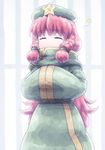  =_= adapted_costume beret blush braid closed_eyes coat cold commentary hands_in_opposite_sleeves hat high_collar hong_meiling long_hair messy_hair outdoors red_hair shirosato solo touhou twin_braids very_long_hair warming winter_clothes winter_coat 