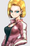  1girl android_18 black_shirt blonde_hair blue_eyes breasts dragon_ball dragon_ball_super dragonball_z earrings expressionless eyelashes grey_background hand_in_pocket jacket jewelry looking_at_viewer looking_away medium_breasts open_clothes open_jacket pink_jacket shirt short_hair simple_background solo st62svnexilf2p9 upper_body 