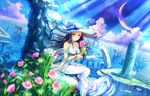  artist_request bare_shoulders black_hair blush bracelet breasts choker cleavage collarbone dress flood flower full_body grass hat holding holding_flower idolmaster idolmaster_cinderella_girls idolmaster_cinderella_girls_starlight_stage jewelry long_dress long_hair looking_at_viewer medium_breasts ocean official_art orange_eyes outdoors partially_immersed planet ribbon sena_shiori_(idolmaster) sitting sky sleeveless sleeveless_dress smile solo tree white_dress 