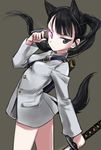  animal_ears aohashi_ame bangs black_hair closed_mouth commentary_request cowboy_shot dog_ears dog_tail extra_ears eyepatch glowing glowing_eye grey_background highres holding holding_weapon jacket katana long_hair long_sleeves looking_at_viewer military military_uniform no_pants ponytail sakamoto_mio simple_background solo standing strike_witches sword tail uniform weapon white_jacket world_witches_series 