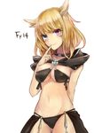  animal_ears arm_behind_back arm_up armpits ass_visible_through_thighs bangs bare_arms black_choker blonde_hair blue_eyes breasts cat_ears choker cleavage closed_mouth commentary_request copyright_name cowboy_shot eyelashes final_fantasy final_fantasy_xiv finger_to_mouth groin heterochromia highres index_finger_raised long_hair looking_at_viewer medium_breasts midriff miqo'te mole mole_under_eye navel purple_eyes simple_background smile solo stomach text_focus underboob whisker_markings white_background yok01 