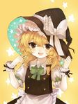  :d apron black_bow black_hat black_skirt black_vest blonde_hair bow bowtie braid brown_eyes collared_shirt eyebrows_visible_through_hair fang frilled_hat frills green_bow green_neckwear hair_bow hair_ribbon hand_on_headwear hat hat_bow highres kirisame_marisa looking_at_viewer open_mouth puffy_short_sleeves puffy_sleeves ribbon shirt short_sleeves shoudoku_taishi_(taishi) side_braid single_braid skirt smile solo star star_print starry_background touhou tress_ribbon upper_body vest waist_apron white_apron white_bow white_shirt witch_hat wrist_cuffs yellow_background 