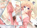  1girl blue_eyes blush breasts covering_breasts game_cg happy large_breasts minna_daisuki_kozukuri_banchou orange_hair otohime_moeko pink_dress solo topless 