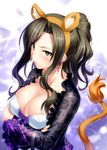  animal_ears black_hair black_shirt blush breast_hold breasts brown_eyes cleavage collarbone commentary_request crossed_arms earrings floral_print idolmaster idolmaster_cinderella_girls jewelry large_breasts lion_ears lion_tail long_hair long_sleeves looking_at_viewer looking_to_the_side mukai_takumi parted_lips ponytail shirt tail zen 