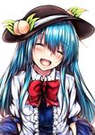  :d ^_^ ^o^ arms_at_sides arms_behind_back backlighting bangs black_hat blouse blue_hair blush bow bowtie closed_eyes collared_shirt eyebrows_visible_through_hair facing_viewer food frills fruit hair_between_eyes happy hat head_tilt highres hinanawi_tenshi leaf long_hair open_mouth outdoors peach puffy_short_sleeves puffy_sleeves red_bow red_neckwear shirt short_sleeves sidelocks simple_background smile solo touhou upper_body white_background white_blouse white_shirt wing_collar yuhito_(ablbex) 