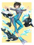 ahoge aqua_eyes black_hair breasts commentary_request covered_navel covered_nipples diving_mask flippers full_body highres looking_at_viewer masami_chie official_art orca outstretched_arms short_hair small_breasts smile tokyo_exe_girls water wetsuit 