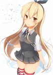  alternate_costume blonde_hair cosplay gloves hairband kagerou_(kantai_collection) kagerou_(kantai_collection)_(cosplay) kantai_collection long_hair looking_at_viewer miniskirt neck_ribbon open_mouth ribbon sakiryo_kanna school_uniform shimakaze_(kantai_collection) skindentation skirt solo standing standing_on_one_leg striped striped_legwear thighhighs thighs vest white_gloves yellow_eyes 