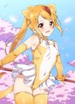 animal_ears armpits bangle bangs bare_shoulders blonde_hair blush bracelet breasts brown_eyes brown_hair circlet covered_navel covered_nipples elbow_gloves gloves golden_snub-nosed_monkey_(kemono_friends) gradient_hair high_ponytail highres holding holding_staff jewelry kemono_friends leotard long_hair looking_at_viewer monkey_ears monkey_tail multicolored_hair niko_(tama) open_mouth orange_hair orange_legwear ponytail skirt small_breasts smile solo staff tail thighhighs yellow_leotard 