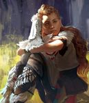  1girl aloy_(horizon) armor blue_sky boots braid brown_hair cloud day freckles grass green_eyes highres horizon_zero_dawn long_hair looking_at_viewer open_mouth realistic ron-faure sky solo 