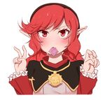  beruko_(rladustns50) blush condom condom_in_mouth double_v dungeon_and_fighter elementalist_(dungeon_and_fighter) highres long_hair looking_at_viewer low_twintails mage_(dungeon_and_fighter) mouth_hold pointy_ears red_eyes red_hair solo twintails upper_body v 