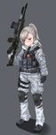  absurdres belt buck_(rainbow_six_siege) c8-sfw camouflage canadian_flag closers commentary_request cosplay digital_camouflage eyebrows_visible_through_hair eyes_visible_through_hair full_body gloves gun hair_over_one_eye highres jacket knee_pads load_bearing_vest military_operator pants ponytail pouch rainbow_six_siege red_eyes silver_hair ssamjang_(misosan) tactical_clothes tina_(closers) trigger_discipline weapon 