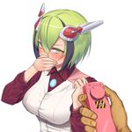  1girl blush breasts covering_mouth dimension_w green_eyes green_hair hair_ornament multicolored_hair short_hair vest yurizaki_mira 