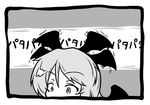  bat_wings border commentary_request excited face flapping greyscale head_wings kch koakuma monochrome motion_lines solo touhou translation_request wide-eyed wings 