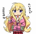  ahoge blonde_hair blush bra collared_shirt commentary_request cowboy_shot eyebrows_visible_through_hair flat_chest gabriel_dropout hand_in_pocket jacket kanikama long_hair long_sleeves looking_at_viewer lowres messy_hair money open_mouth partially_unbuttoned pink_jacket plaid plaid_skirt pocket prostitution purple_eyes red_bra red_skirt shiny shiny_hair shirt sidelocks simple_background skirt solo tenma_gabriel_white translated underwear white_background white_shirt wing_collar 
