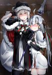  ahoge artoria_pendragon_(all) bell black_gloves black_legwear blonde_hair blush capelet elbow_gloves fate/grand_order fate_(series) gloves hair_ribbon hat headpiece jeanne_d'arc_(fate)_(all) jeanne_d'arc_alter_santa_lily long_hair looking_at_viewer multiple_girls ribbon saber_alter santa_alter santa_hat thighhighs uno_ryoku yellow_eyes younger 