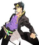  aqua_eyes black_hair chain clenched_hand earrings gakuran hand_in_pocket hat jewelry jojo_no_kimyou_na_bouken kuujou_joutarou male_focus school_uniform signature smile solo stardust_crusaders stud_earrings toujou_sakana 