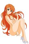  1girl absurdres areolae artist_request bangs breasts brown_eyes cleft_of_venus full_body golden_time highres kaga_kouko legs long_hair looking_at_viewer navel nipples nude nude_filter orange_hair photoshop pussy shaved_pussy simple_background sitting smile solo thighs uncensored 