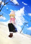  absurdres artoria_pendragon_(all) blonde_hair blue_ribbon blue_skirt blue_sky blush boots cloud day fate/stay_night fate_(series) green_eyes highres ice_spirit_tarot knit_hat pantyhose pink_scarf ribbon saber scarf skirt sky solo squatting sweater winter 