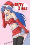  bag blue_eyes blue_hair elbow_gloves gloves hat jewelry leaning_forward long_hair lucia_(lunar) lunar merry_christmas midriff miniskirt motomiya_ryou navel one_eye_closed open_mouth pendant pink_background red_gloves santa_hat skirt smile solo strapless thighhighs tubetop twitter_username v zettai_ryouiki 