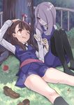  ;d black_legwear breasts brown_hair fukuroumori grass hair_over_one_eye kagari_atsuko kneehighs legs little_witch_academia loafers luna_nova_school_uniform lying multiple_girls mushroom necktie no_shoes on_back one_eye_closed open_mouth pale_skin pantyhose purple_hair red_eyes school_uniform shoes shoes_removed sitting skirt small_breasts smile sucy_manbavaran thighs 