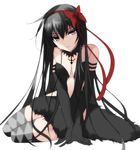  absurdres akemi_homura akuma_homura black_hair breasts cleavage elbow_gloves gloves hair_between_eyes hair_ribbon highres long_hair looking_at_viewer mahou_shoujo_madoka_magica mahou_shoujo_madoka_magica_movie medium_breasts misteor purple_eyes red_ribbon ribbon sitting solo thighhighs thighs white_background yokozuwari 