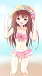  beach bikini bikini_skirt blush breasts brown_hair cleavage day flower hair_flower hair_ornament hands_on_headwear hat highres holding kantai_collection kisaragi_(kantai_collection) long_hair medium_breasts mickeysmith open_mouth pink_bikini purple_eyes smile solo sun_hat swimsuit 