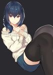  black_legwear blue_eyes blue_shorts breasts cleavage denim denim_shorts hair_between_eyes hands_on_own_chest highres kagematsuri lips long_hair looking_at_viewer lying medium_breasts off-shoulder_sweater on_back original shorts sleeves_past_wrists smile solo sweater thighs white_sweater 