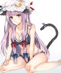  animal_ears bangs bare_arms bare_legs black_bra black_panties blue_bow bow bow_panties bra breasts cat_ears cat_tail cleavage crescent crescent_hair_ornament frilled_bra frilled_panties frills hair_bow hair_ornament hat highres kemonomimi_mode large_breasts leaning_forward long_hair looking_at_viewer mob_cap panties patchouli_knowledge purple_eyes purple_hair red_bow rinarisa simple_background sitting solo tail touhou underwear underwear_only very_long_hair wariza white_background 