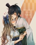  asakaze_(kantai_collection) bangs black_hair blue_eyes blue_hakama bow brown_hair closed_eyes furisode green_hakama hair_bow hakama hat japanese_clothes kantai_collection kimono kiss long_hair matsukaze_(kantai_collection) meiji_schoolgirl_uniform mini_hat mini_top_hat miroku_san-ju multiple_girls parted_bangs short_hair sidelocks top_hat wavy_hair yagasuri yuri 