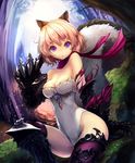  :&lt; animal_ears armor armored_boots artist_request bare_shoulders blonde_hair boots claws cygames eyebrows_visible_through_hair forest gem knee_up leotard nature official_art paws purple_eyes scarf shadowverse shingeki_no_bahamut short_hair sitting skindentation tail torn_clothes underbrush_beast_girl 