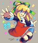  blonde_hair blue_eyes blush dated green_ribbon hair_ribbon iroyopon long_sleeves looking_at_viewer medium_hair open_mouth red_legwear ribbon rockman rockman_(classic) roll signature smile solo thighhighs 