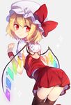  ascot ass back bat_wings black_legwear blonde_hair bow closed_mouth commentary_request crystal eyebrows_visible_through_hair flandre_scarlet from_behind hat hat_bow hat_ribbon kohaku. laevatein looking_at_viewer looking_back miniskirt mob_cap puffy_short_sleeves puffy_sleeves red_eyes ribbon short_hair short_sleeves side_ponytail simple_background skirt skirt_set smile solo thighhighs touhou wings wrist_cuffs zettai_ryouiki 