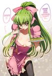  1girl 2014 apron black_legwear blush breasts c.c. cake cleavage code_geass creayus dated downblouse eating finger_licking food green_hair hard_translated licking long_hair medium_breasts naked_apron ponytail shiny shiny_skin solo thighhighs tongue translated yellow_eyes 