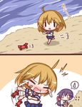  2koma akebono_(kantai_collection) bandaid bandaid_on_face beach bell blush comic commentary_request crab flower hair_bell hair_flower hair_ornament jingle_bell kantai_collection komakoma_(magicaltale) motion_lines multiple_girls oboro_(kantai_collection) open_mouth orange_hair purple_hair sand_castle sand_sculpture school_uniform serafuku shore side_ponytail spoken_sweatdrop squatting sweatdrop tears translated waving_arm 