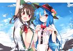  :d ;) ahoge arm_up bird bird_wings black_hair black_hat blue_hair blush bow bowtie breasts center_opening commentary_request day dress_shirt fang food fruit green_bow hair_between_eyes hair_bow hat heart heart_hands hinanawi_tenshi large_breasts leaf long_hair looking_at_viewer multiple_girls no_bra one_eye_closed open_clothes open_mouth open_shirt peach red_bow red_neckwear reiuji_utsuho shirt short_sleeves smile tetsurou_(fe+) third_eye touhou wings 