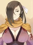  1girl assassin breasts brown_eyes brown_hair cleavage hair_ribbon kagero large_breasts long_hair looking_at_viewer parted_lips smile solo tagme upper_body 