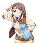  arm_up blue_eyes brown_hair collarbone cowboy_shot grey_shorts grin hair_ornament hair_scrunchie hand_in_pocket jacket leaning_forward long_hair looking_at_viewer love_live! love_live!_sunshine!! one_eye_closed open_clothes open_jacket salute scrunchie short_shorts shorts sleeveless_jacket smile solo standing sweater watanabe_you 