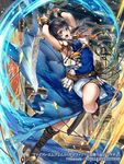  armor armpits bangs belt black_hair blue_eyes boots company_connection copyright_name dress fire_emblem fire_emblem:_seisen_no_keifu fire_emblem_cipher holding holding_weapon indoors itou_misei knee_boots lakche_(fire_emblem) looking_at_viewer official_art open_mouth short_hair shoulder_armor side_slit solo sword weapon 