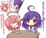  ahoge closed_eyes comic eating food food_in_mouth food_on_face fork glass i-58_(kantai_collection) kantai_collection komakoma_(magicaltale) multiple_girls open_mouth parted_lips pink_hair purple_hair red_eyes saucer school_uniform serafuku smile soy_sauce spoken_food sushi table taigei_(kantai_collection) translation_request 