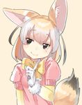  animal_ears blonde_hair blush bow brown_hair eyebrows_visible_through_hair fennec_(kemono_friends) finger_to_chin fox_ears fox_tail gloves gradient_hair half-closed_eyes highres kemono_friends looking_to_the_side multicolored_hair pink_lips puffy_short_sleeves puffy_sleeves sakoku_(rh_ty_ks) short_hair short_sleeves smile solo tail two-tone_hair upper_body 