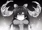  animal_ears antlers commentary_request greyscale image_sample kemono_friends long_hair monochrome moose_(kemono_friends) moose_ears scarf solo twitter_sample uneven_eyes upper_body yonyon_(yotayota_honpo) 
