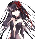  absurdres akemi_homura akuma_homura arm_up bangs bare_shoulders black_choker black_dress black_gloves black_hair breasts choker closed_mouth collarbone dress elbow_gloves expressionless eyebrows_visible_through_hair gloves hair_between_eyes hair_ribbon hairband head_tilt highres long_hair looking_at_viewer mahou_shoujo_madoka_magica mahou_shoujo_madoka_magica_movie medium_breasts misteor pale_skin purple_eyes red_hairband red_ribbon ribbon simple_background sketch solo tsurime upper_body white_background 