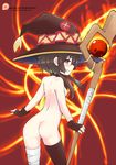  1girl artist_name ass bandage bandaged_leg black_eyes black_gloves black_hair black_legwear blush elbow_gloves female from_behind gloves grin hat kono_subarashii_sekai_ni_shukufuku_wo! looking_at_viewer looking_back megumin mismatched_legwear patreon shadowfenrir sideboob small_breasts solo staff standing teeth watermark web_address witch_hat 