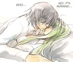  00s 1boy 1girl bed black_hair c.c. code_geass creayus green_hair hard_translated lelouch_lamperouge long_hair no_bra pillow translated 