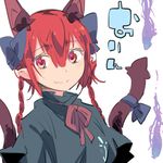  akuma animal_ears braid cat_ears cat_tail dress fang hitodama kaenbyou_rin looking_at_viewer multiple_tails red_eyes red_hair smile solo tail touhou twin_braids two_tails 