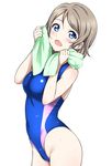  bare_shoulders blue_eyes blush breasts brown_hair commentary_request competition_swimsuit covered_navel drying drying_body drying_hair eyebrows_visible_through_hair groin highleg highleg_swimsuit highres looking_at_viewer love_live! love_live!_sunshine!! medium_breasts one-piece_swimsuit open_mouth rozen5 shiny shiny_clothes shiny_hair short_hair simple_background smile solo standing swimsuit thighs towel watanabe_you wet white_background 