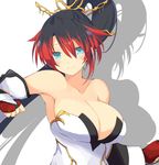  armpits bare_shoulders black_hair blue_eyes breasts cleavage detached_sleeves fingerless_gloves gloves hair_ornament large_breasts long_hair multicolored_hair nanbu_kaguya ponytail red_hair solo strapless super_robot_wars super_robot_wars_og_saga_mugen_no_frontier tenpesuto two-tone_hair 