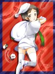  :o bag black_hair boots brown_eyes dated feathers from_behind hat kantai_collection leg_up looking_back maru-yu_(kantai_collection) open_mouth santa_hat school_swimsuit short_hair solo swimsuit thighhighs twitter_username white_coat white_footwear white_legwear white_school_swimsuit white_swimsuit yanage_(yanagikai) 