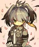  :| ahoge bangs belt bird_tail bird_wings black_hair blonde_hair blush bodystocking breasts cherry_blossoms closed_mouth collared_shirt empty_eyes eyelashes feathered_wings feathers floating_hair gloves green_eyes grey_belt grey_shirt hair_between_eyes head_wings highres kemono_friends long_hair looking_at_viewer looking_away looking_to_the_side low_ponytail multicolored_hair necktie petals pink_background pocket shirt shoebill_(kemono_friends) short_sleeves side_ponytail silver_hair small_breasts solo standing tail upper_body white_neckwear wind wings yukino_super 