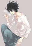  :q bags_under_eyes black_eyes black_hair cup death_note l_(death_note) male_focus pants sitting steam teacup tongue tongue_out toujou_sakana 